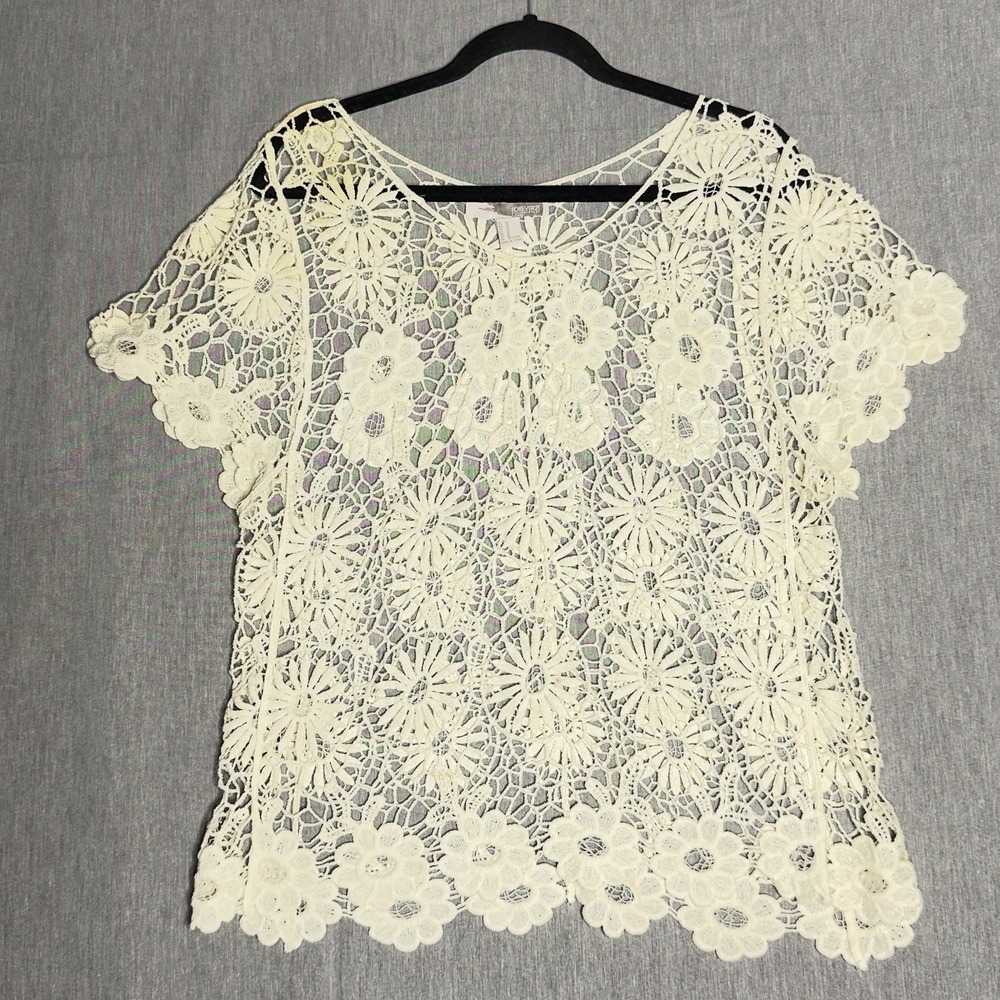 Ivory Forever 21 Crochet Lace Knit Short Sleeve BOHO Top Womens Size M